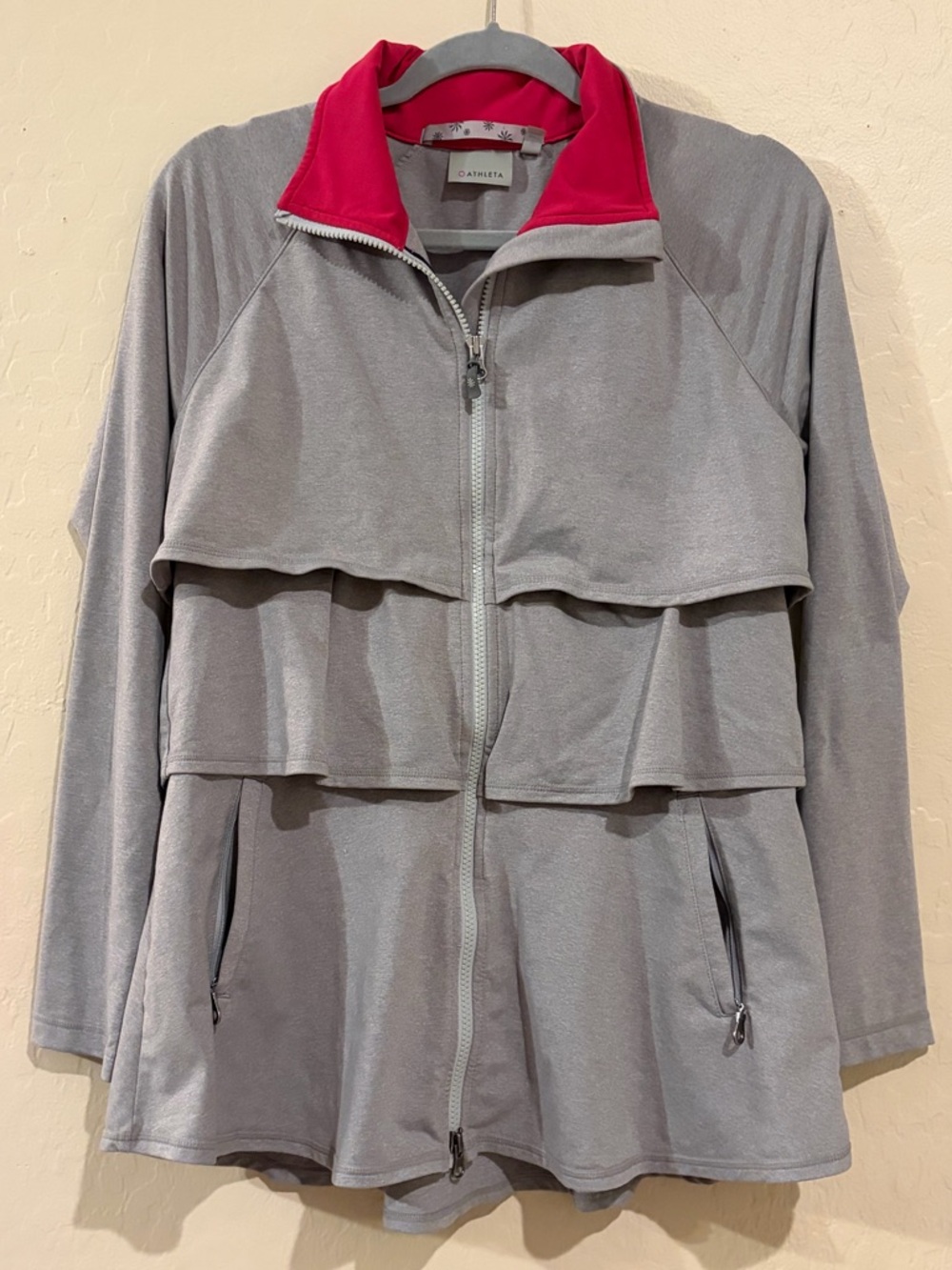 Athleta RENEW Gray Ruffle Pink Collar Zip Jacket Activewear- Size Medium
